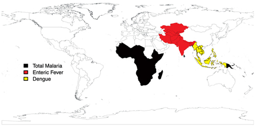Figure 7.: Regional results for malaria, enteric fever, and dengue. For malaria, the top region for acquisition was sub-Saharan Africa (77%), and the region with the top average proportionate morbidity (248/1,000 ill travelers) and the greatest trend (–39/1,000, p = 0.01) Oceania. For enteric fever, the top region for acquisition was south-central Asia (67%); regional trends were not assessed. For dengue, the top region for acquisition (50%) and the highest average proportionate morbidity and trend (+70.5/1,000, p = 0.004) was Southeast Asia.